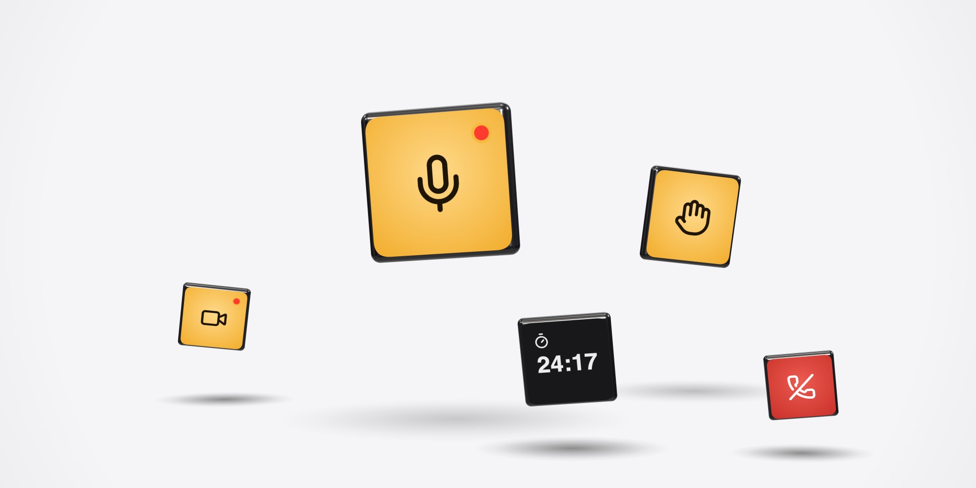 Tally keys floating: Mute live with a recording dot, hand raised, the meeting timer, Camera on and Leave